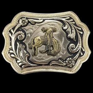 Western Rider Cowboy Rodeo Bucking Horse Doing Tricks Metal Belt Buckle USA‎